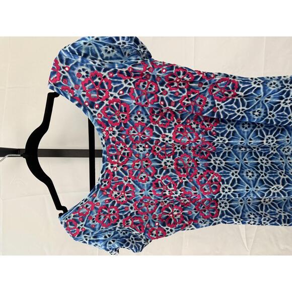 Women's Midi Dress with Blue and Pink Floral Pattern Large Tunic - Picture 3 of 6